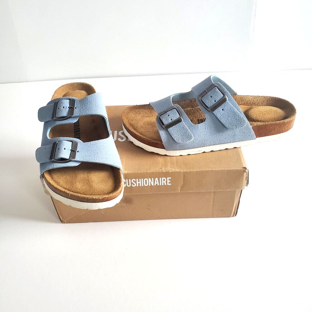 Cushionaire Women’s Sandals Size 7.5 Blue "Lane" Cork Footbed Buckle Slide